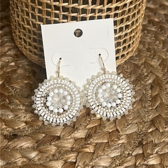 Bohemian Beaded Crystal Gem Boho Summer Vacation Hanging Earrings White and Gold - Picture 3 of 8